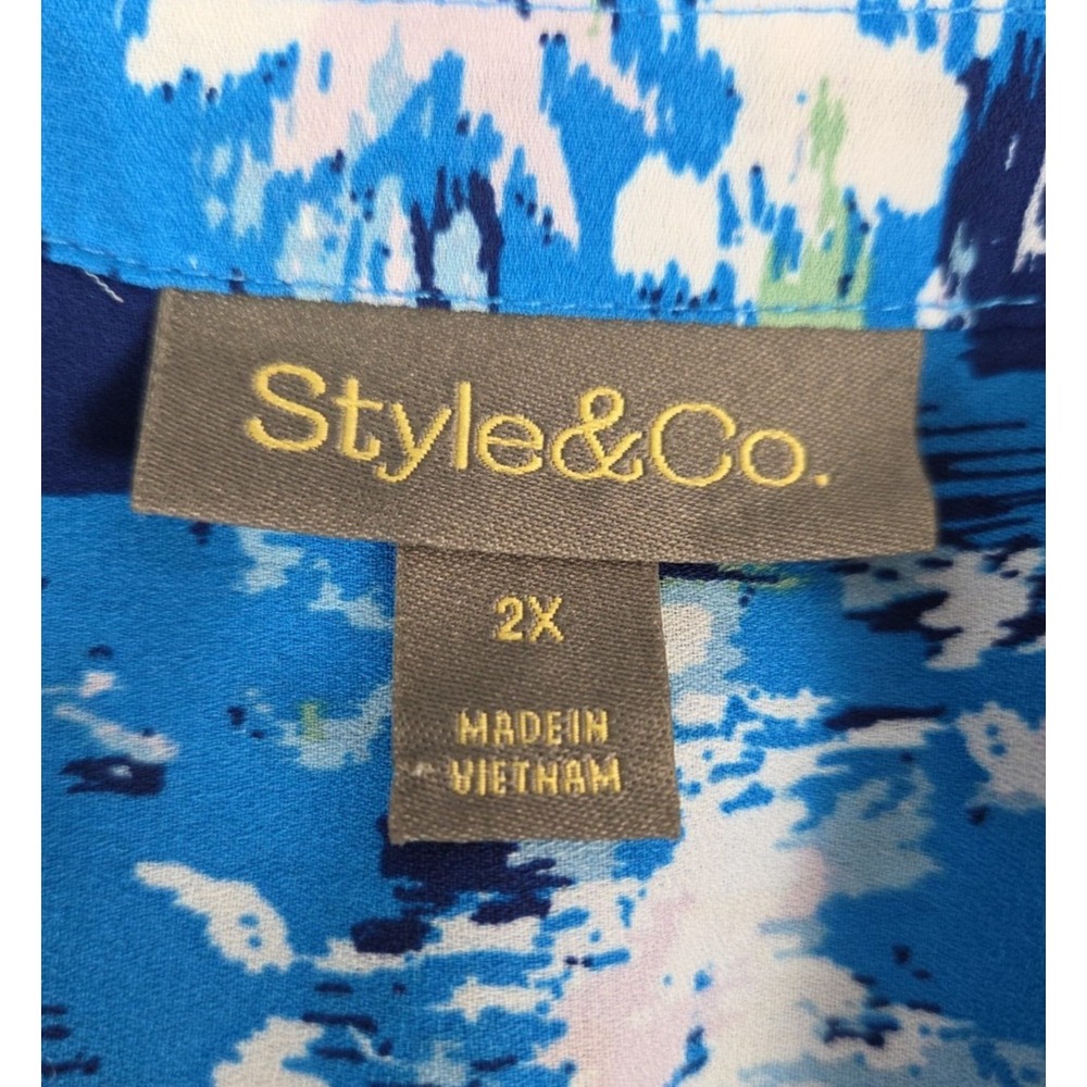 Style & Co Blouse‎ 2X Pleated V Neck Ruffle Sleeve Tunic Floral Blue Boho Flowy - Picture 9 of 11